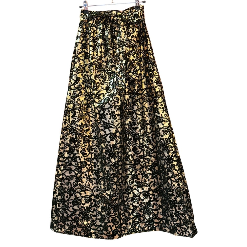Vintage Tumbleweed Maxi Skirt Gold Black Velvet Flocked Baroque Goth Glam Formal